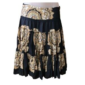 Kaktus Vintage Tiered Sequin & Embroidered Black & Gold Midi Skirt Small Boho